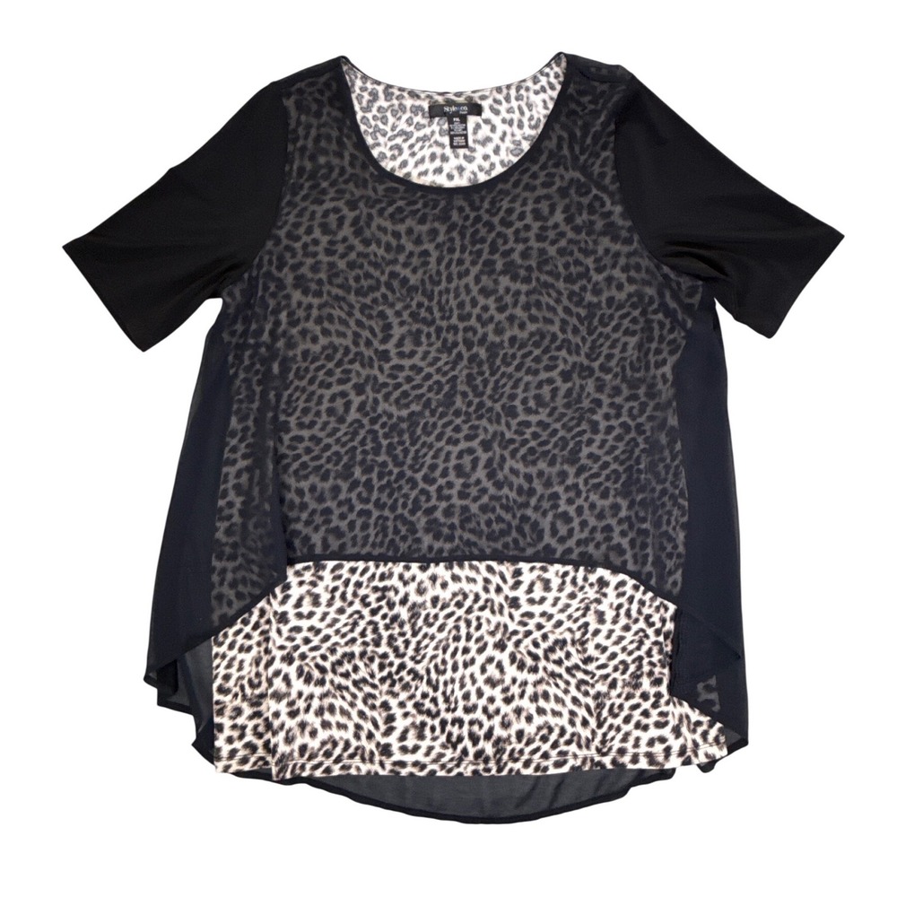 Style & Co Petite PXL Leopard Print Mixed Media Tunic Top Sheer Trim ShortSleeve